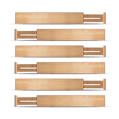Product Cover Bambusi Bamboo Kitchen Drawer Dividers Organizers - Set of 6 Spring Loaded Adjustable Drawer Separators for Home and Office Organization