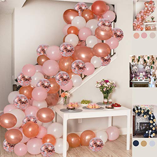 Product Cover Balloon Garland Kit Pink Rose Gold White Confetti Balloons Big Balloons mix 16 ft long Decorations for Parties Wedding Baby Shower Graduation Includes Glue Dots Strip Hand Pump Ribbon Tying Tool Hooks