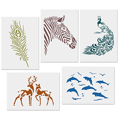 Product Cover CODOHI 5 Packs Animals Stencils Zabra Peacock Feather Deer Dolphin Reusable Mylar Template - DIY Craft Stencils for Painting 8.3
