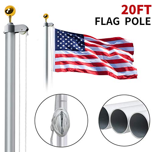 Product Cover WeValor 20FT Sectional Flag Pole Kit, Extra Thick Heavy Duty Aluminum Outdoor In ground Flagpole with Free 3x5 Polyester American Flag and Golden Ball, for Residential or Commercial, Silver