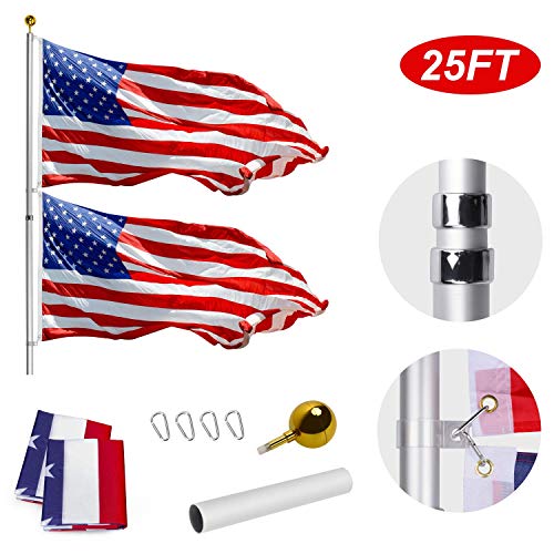 Product Cover WeValor 25FT Telescoping Flag Pole Kit, Heavy Duty 16 Gauge Aluminum Outdoor In Ground Flag Poles with 3x5 USA Flag, for Residential or Commercial, Silver