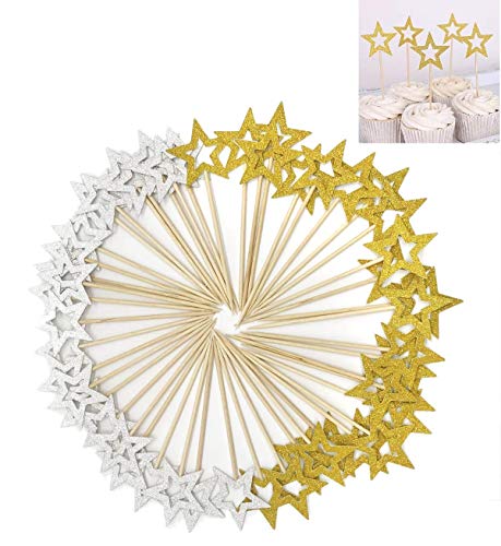 Product Cover 50 Pcs Star Cupcake Toppers,Star Cupcake Toppers Twinkle Little Star Decorations Birthday Cupcake Toppers Glitter Star Cake Decorations for Party Birthday Wedding Ceremony (50 PCS Gold & Silver Star)