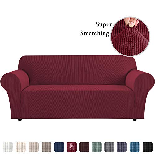 Product Cover High Stretch Sofa Cover 1 Piece Machine Washable Stylish Furniture Cover/Protector with Spandex Jacquard Checked Pattern Fabric (XL Sofa, Burgundy Red)