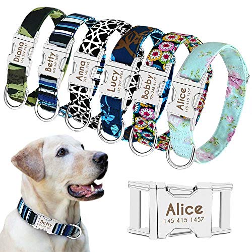 Product Cover Beirui Personalized Dog Collar with Name Plate - Fashion Patterns Custom Dog Collar with Quick Release Buckle - Fits Medium Large Dogs,Mint Green Floral,M(Width 3/4