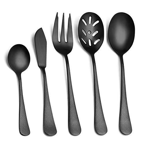 Product Cover Matte Black Serving Set, sharecook 5-Piece 18/0 Stainless Steel Large Hostess Set with Round Edge, Satin Finished, Dishwasher Safe -Spoons, Forks,Butter Knife& Slotted Spoon