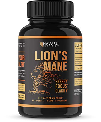 Product Cover Havasu Nutrition Lion's Mane Mushroom Capsules - Energy Boosting, Brain Booster Mushroom Supplement - 1000mg, Non GMO - Stress Relief, Immune System Booster - Wellness Formula, 60 Capsules