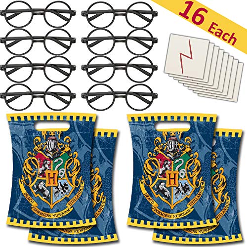 Product Cover 16 Each - Round Glasses + Lightning Bolt Scar Tattoos + Harry Potter Loots Bags - Party Favors/Dress Up Costume Supplies for Wizard Theme - Great for Pinatas, Handout, Prizes, and Birthday Gifts