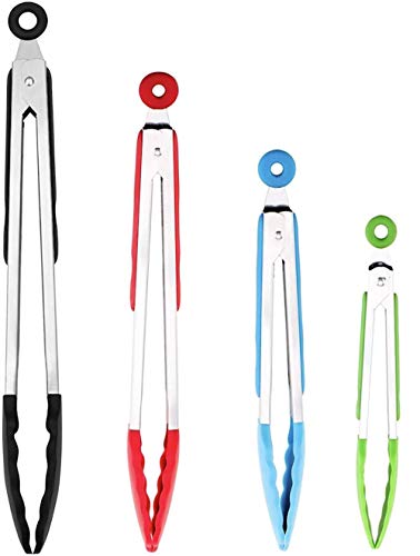 Product Cover ChefNeno Silicone Tongs Stainless Steel Kitchen Tongs with Silicone Tips Set of Four - 7, 9, 12, and 14 Inch Non Stick Silicone Tongs for Cooking Grilling Barbecue BBQ and Serving Salad, 4 Pack