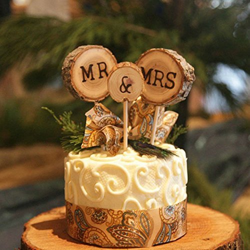 Product Cover 3 Pcs Mr&Mrs Toppers Natural Wood Cake Decoration Chic Rustic Wedding Mr Mrs Letter Topo for Couple Sweetheart Party Anniversary Birthday
