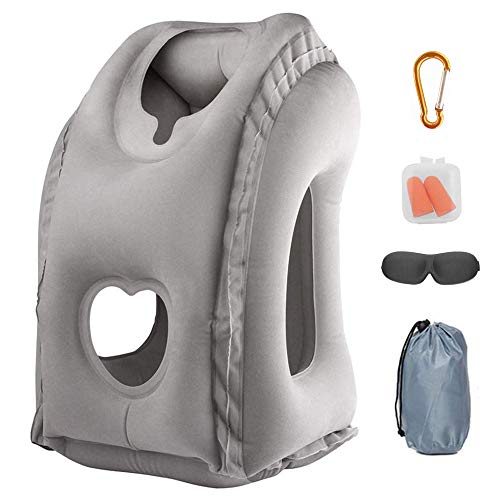 Product Cover Aukor Inflatable Travel Pillow, Neck Pillow, Portable Air Head Rest Pillow for Airplanes Cars Buses Trains Office School Napping with Free Eye Mask and Earplugs, Grey