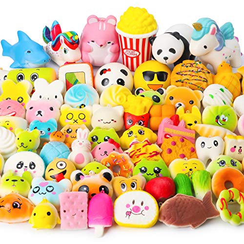 Product Cover WATINC Random 70 Pcs Squishies, Birthday Gifts for Kids Party Favors, Slow Rising Simulation Bread Squishies Stress Relief Toys Goodie Bags Egg Filler, Keychain Phone Straps, 1 Jumbo Squishies include