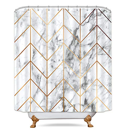 Product Cover Riyidecor Geometric Marble Shower Curtain Golden Chevron Stripe Black and White Bathroom Decor Fabric Set Polyester Waterproof 72x72 Inch 12 Pack Plastic Hooks