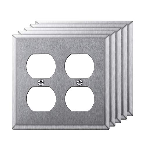Product Cover [5 Pack] BESTTEN 2-Gang Duplex Outlet Stainless Steel Wall Plates, Standard Metal Outlet Cover, Durable Corrosion Resistant, Industrial Grade 304SS Material, Silver