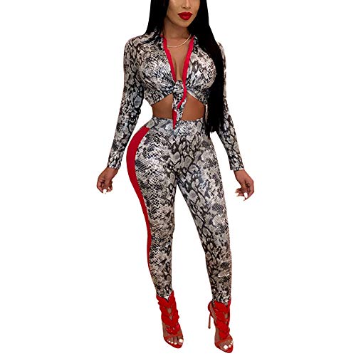 Product Cover Aro Lora Women's 2 Piece Jumpsuit Snakeskin Print Long Sleeve Crop Top Bodycon Pant Set Outfit