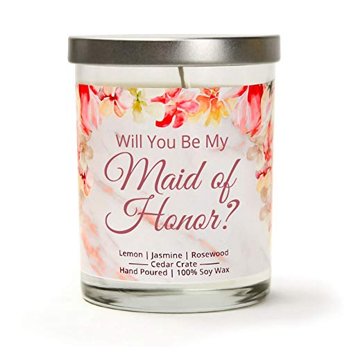 Product Cover Will You Be My Maid Of Honor Candle | Lemon, Jasmine, Rosewood | 10 Oz. Scented Soy Candle | Maid of Honor Proposal Candle | Fun Wedding Party Proposal Present to Ask Friend or Sister | Bride Gift