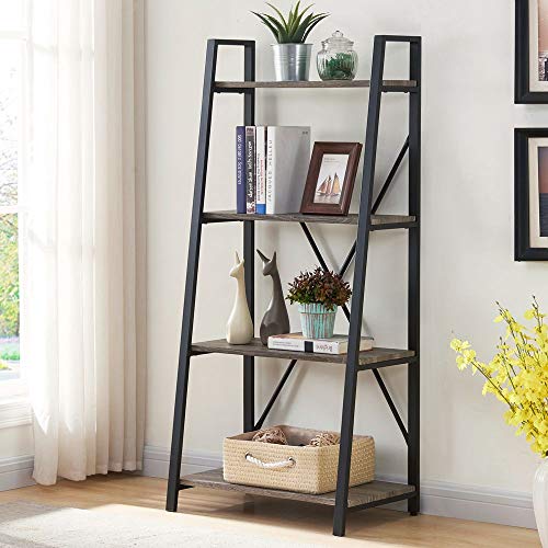 Product Cover BON AUGURE Ladder Shelf 4 Tier Rustic Bookshelf, Indoor Plant Stand Storage Shelves, Metal and Wood Leaning Industrial Bookcase (Dark Gray Oak)