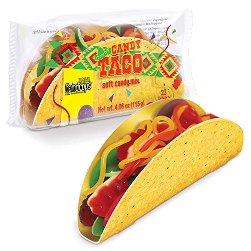 Product Cover Raindrops Gummy Candy Taco with 23 Gummy Candies in a Taco Shell - Yummy Gummy Food that Looks Just Like a Taco - 4 Ounces of Gummy Bears, Fruit, Vegetables, Ropes and More - Unique and Edible Gift