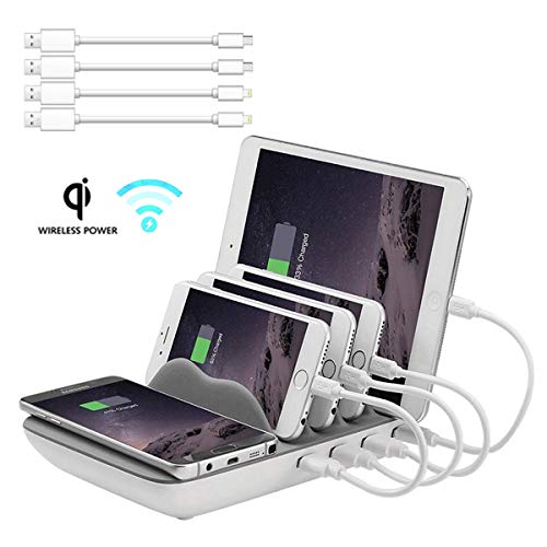Product Cover Faster Charging Station, Hometall 5-in-1 Multiple Phone Dock Stand with 4 USB Ports(Free 4 Cables) and 10W QI Wireless Charging Pad, Compatible for Samsung, iPhone, IPads,Other Electronics(Grey)