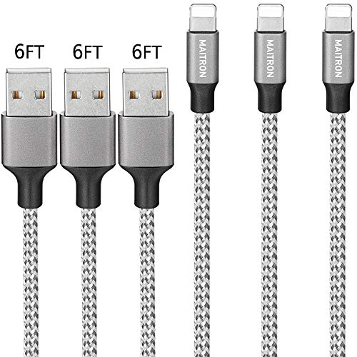 Product Cover Maitron iPhone Charger, 3PACK 6FT Nylon Braided Lightning Cable Fast Charging High Speed Data Sync Cord Compatible with iPhoneX 8 8Plus 7 7Plus 6s 6sPlus 6 6Plus 5 5s 5c SE iPad iPod and More,White