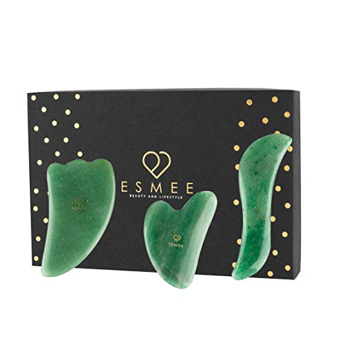 Product Cover Jade Gua Sha Facial Tool Set by Esmee | 3 in 1 Premium Guasha Kit | 100% Real Indian Jade | Anti-aging Beauty Therapy for Massage and Skin Rejuvenation