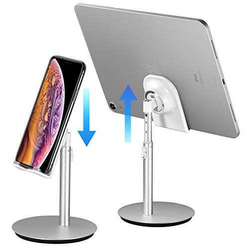 Product Cover Cell Phone Stand, Tablet Holder, SAIJI Height Adjustable Aluminum Mount Dock, Compatible with iPhone Samsung Cell Phone, Tablet, iPad, Nintendo Switch, Kindle, Up to 10 Inch Screen (Sliver) ...