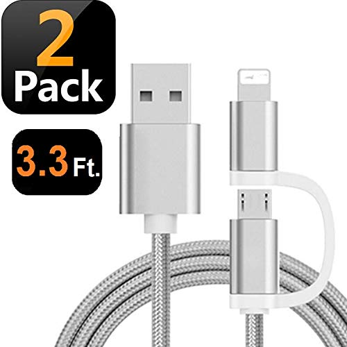 Product Cover Dimco 2 in 1 USB Charging Cable - Compatible with Lightning Cable iPhone Charger - Micro USB Cable Android Charger - Works with iOS Android Devices - Nylon Braided Phone Charger Cord - 2 Pack 3.3ft