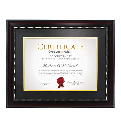 Product Cover GraduationMall 11x14 Diploma Frame with Black Over Gold Double Mat for 8.5x11 Document/Certificate|Real Glass|Mahogany with Gold Beaded