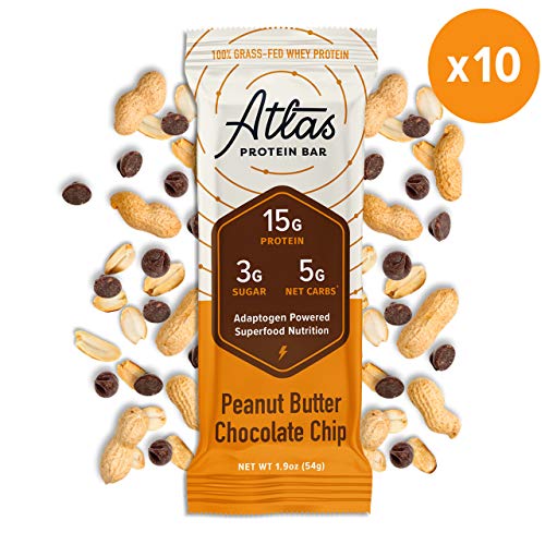 Product Cover Atlas Protein Bar - Keto Friendly, Peanut Butter Chocolate Chip - Grass Fed Whey, Low Sugar, Clean Ingredients, Gluten Free, Soy Free, and GMO Free - (10-Pack)