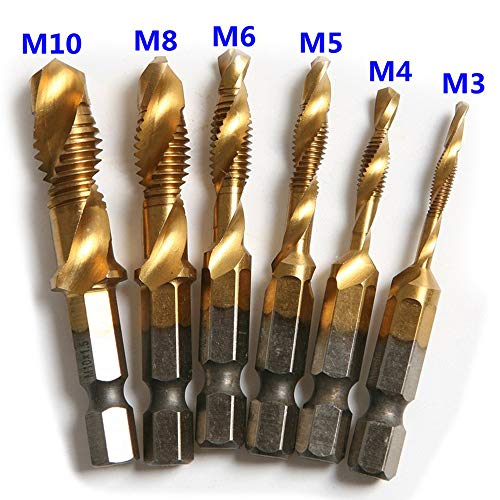 Product Cover 6 Pcs High Speed Steel HSS 4241 1/4 Inch Hex Shank Screw Thread Metric Tap Drill Bit M3/4/5/6/8/10 Combination Drill and Tap Set