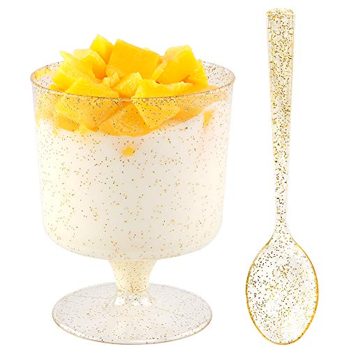 Product Cover WDF 96PACK 7oz Gold Glitter Medium Large Plastic Dessert Cups With Spoons-48 Disposable Appetizer Cups |Wine Goblet Glasses & 48 Gold Glitter Tasting Spoons