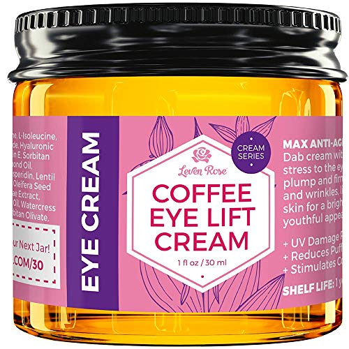 Product Cover Coffee Eye Lift Cream by Leven Rose 100% Natural, Reduces Puffiness, Brightens Tired Eyes & Dark Circles, Anti Aging, Firming, Collagen Building, Deep Hydrating Wrinkle Creme 1 oz