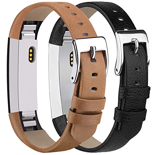 Product Cover Tobfit Leather Bands Compatible with Fitbit Alta/Alta HR Bands, Genuine Leather Replacement Wristbands, (Black+Tan, 5.5''-8.1'')