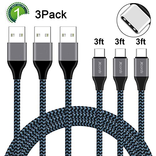 Product Cover Xcords USB Type C Cable, 3Pack 3FT USB to USB C Cable, Nylon Braided Fast Charger Cord Compatible with Samsung Galaxy S10/S9/S8 Plus/Note 9/8/Google Pixel/LG V30/V20/Stylo 4 and More