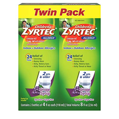 Product Cover Children's Zyrtec 24 Hr Children's Allergy Syrup with Cetirizine, Sugar-Free Grape, Twin Pack of 4 Fl. Oz, 8 fl. oz.
