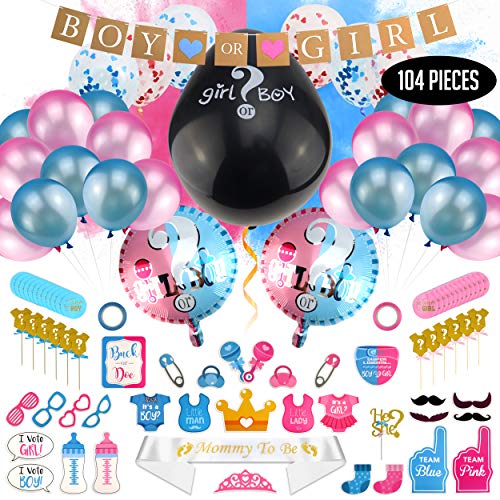 Product Cover Baby Gender Reveal Party Supplies (104 Pieces) Kit Including Photo Props, 36 Inch Reveal Balloon, Mommy To Be Sash, Baby Shower Decorations, Confetti Balloons, Boy or Girl Banner, Cake Toppers and much more...