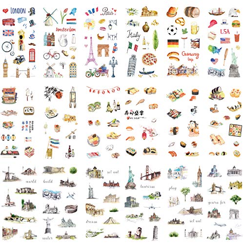 Product Cover Travel Washi Paper Stationery Sticker Set (Assorted 18 Sheets) Famous Landscape Telephone Booth Tower Japanese Cuisine Castle Bridge Building Adhesive Label for Craft Handmade DIY Scrapbooking Journal