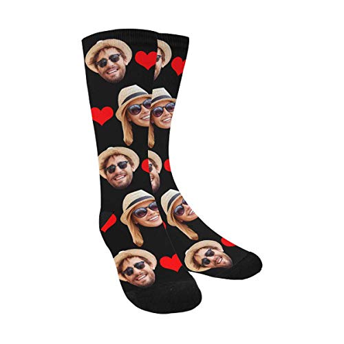 Product Cover Custom Personalized Photo Pet Face Printed Red Love Heart Black Crew Socks with 2 Faces for Men Women Unisex