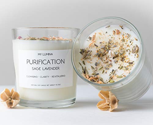 Product Cover My Lumina Purification Sage Lavender Candle - Smudging Chakra Balancing Healing Candle Natural Soy Wax - White Sage Natural Scented Purifying Candle for Aromatherapy