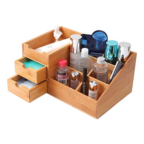 Product Cover Homode Makeup Organizer, Bamboo Wood Vanity Countertop Organizer Cosmetic Jewelry Storage Tray with Drawers for Bathroom