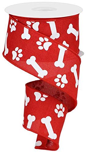 Product Cover Paw Print & Dog Bone Wired Edge Ribbon, 10 Yards (Red, White, 2.5