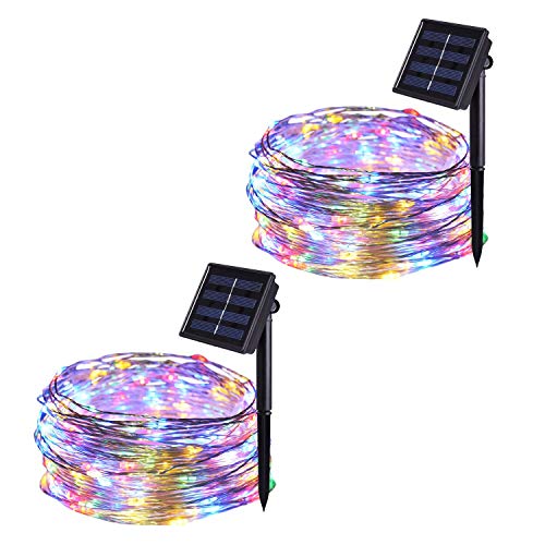 Product Cover JMEXSUSS 2 Pack 8 Modes 100 LED 32.8ft Solar Powered Waterproof Fairy String Copper Wire Lights for Christmas, Bedroom, Patio, Wedding, Party, (Multi-Color)
