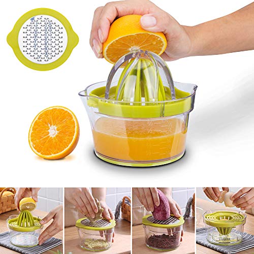 Product Cover Manual Juicer, 4 in 1 Citrus Lemon Orange Hand Squeezer with Multi-Size Reamers,Ginger Garlic Grater and Measuring Cup