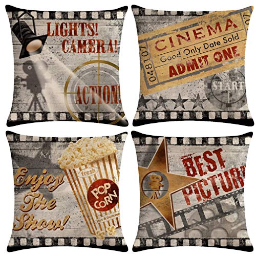 Product Cover ULOVE LOVE YOURSELF 4pack Vintage Cinema Poster Pillow Covers Movie Theater with Popcorn,Filmstrip,Clapboard Pattern Home Decor Couch Pillow Case 18 X 18 Inch (Popcorn Cinema)