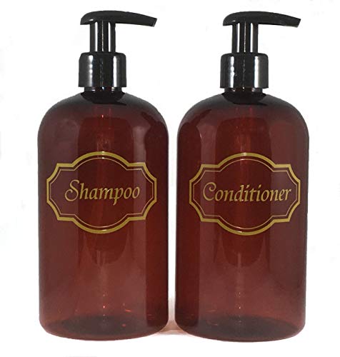 Product Cover Bottiful Home-16 oz Amber Shampoo and Conditioner Shower Soap Dispensers-2 Refillable Empty PET Plastic Pump Bottle Shower Containers-Printed Design-Waterproof, Rust-Free, Clog-Free, Drip-Free
