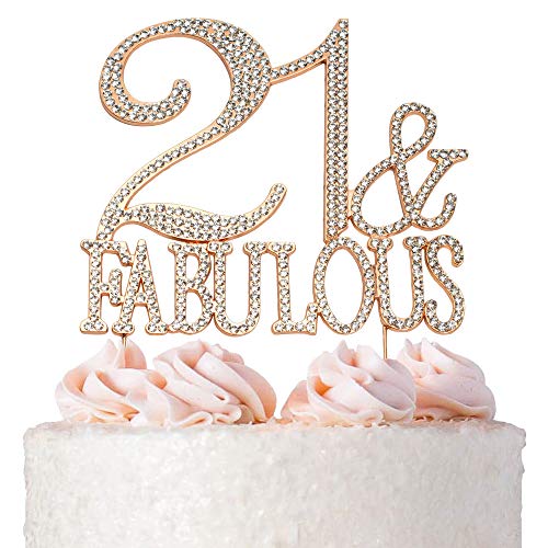 Product Cover 21 & Fabulous Cake Topper | ROSE GOLD | Premium Sparkly Crystal Rhinestone Diamond Gems | 21st Birthday Party Decoration Ideas | Quality Metal Alloy | Perfect Keepsake