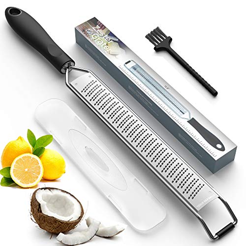 Product Cover Lemon Zester & Cheese Grater - Premium Stainless Steel - A Sharp Kitchen Tool for Ginger, Garlic, Nutmeg, Chocolate, Vegetables, Fruits, Dishwasher Safe, Black