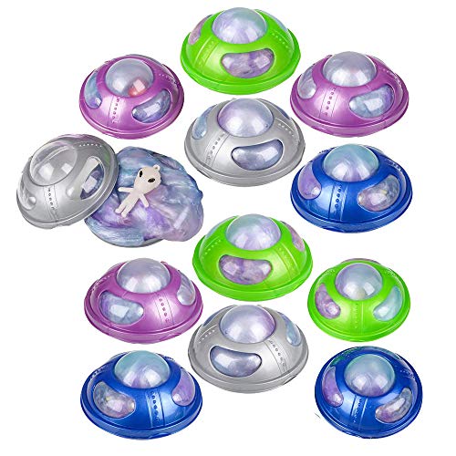 Product Cover Kicko Rainbow UFO Alien Slime - Pack of 12 Colored, Gooey Slimes with 3 Inch Alien UFO-Shaped Container - Good for Party Favors, Kids, Squishing and Squashing, Stress Reliever