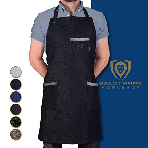 Product Cover Dalstrong Professional Chef's Kitchen Apron - 100% Cotton Denim - 4 Storage Pockets - Liquid Repellent Coating - Genuine Leather Accents - Adjustable Straps (The Night Rider - 100% Cotton Black Denim)