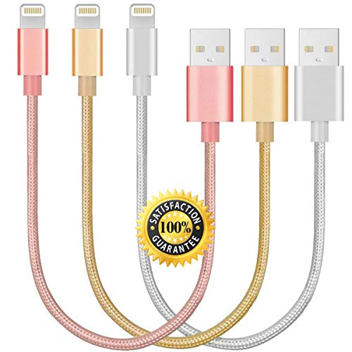 Product Cover CableCord Short Nylon Braided USB Lightning Charging Cable/Data USB Compatible for iPhoneX Case /8/8 Plus/7/7 Plus/6/6s Plus,iPad Mini- Silver, Gold, Pink, 8-inch, 3-Pack