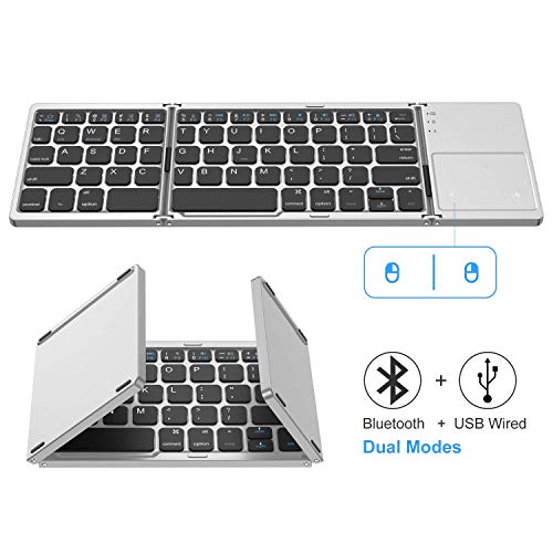 Product Cover Foldable Bluetooth Keyboard, Jelly Comb Dual Mode Bluetooth & USB Wired Rechargable Portable Mini BT Wireless Keyboard with Touchpad Mouse for Android, Windows, PC, Tablet-Black and Silver